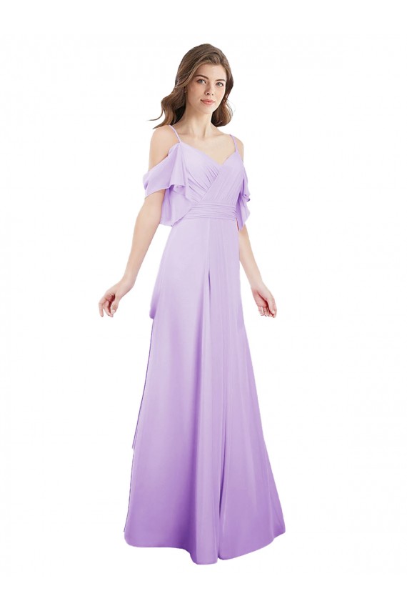 Acheter Lilas Trapèze Épaule Dénudée Bretelles spaghetti Mousseline Longue Robes demoiselle d'honneur