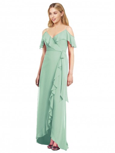 Acheter Menthe verte Trompette Bretelles spaghetti Col V Mousseline Longue Asymétrique Robes demoiselle d'honneur