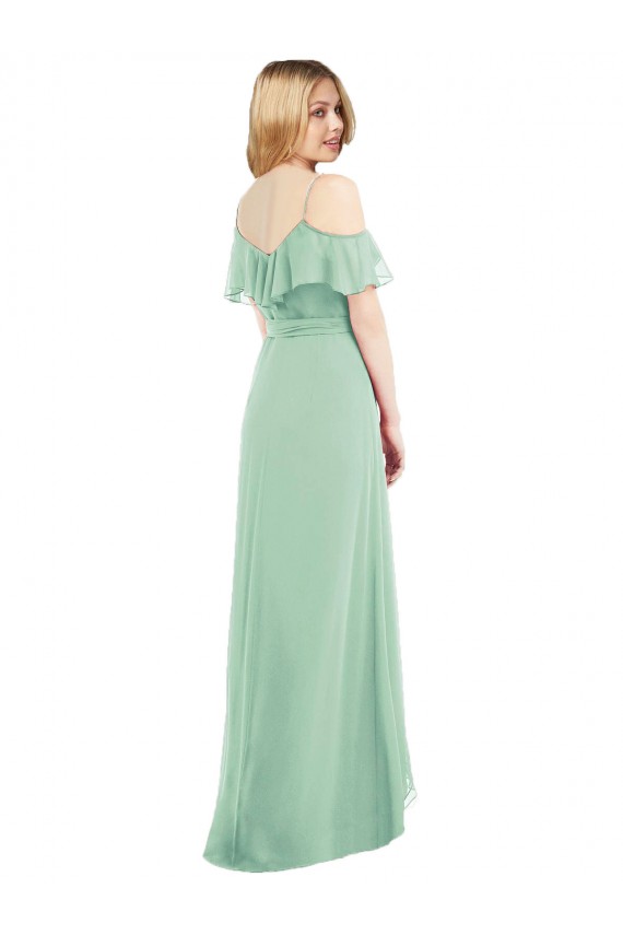Acheter Menthe verte Trompette Bretelles spaghetti Col V Mousseline Longue Asymétrique Robes demoiselle d'honneur
