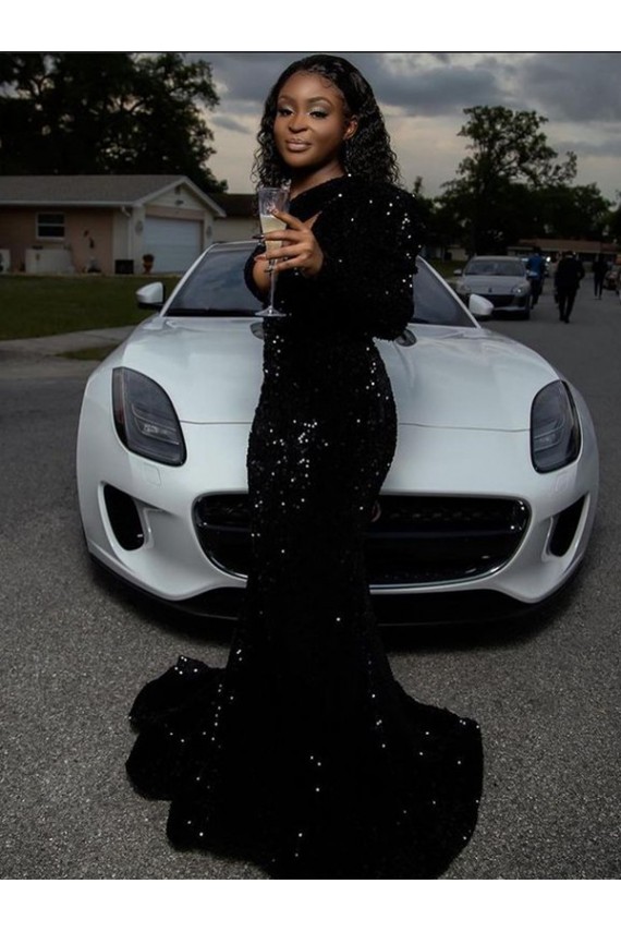 Acheter Noir Fourreau Balayage train Paillettes Velours Longue Robes de bal