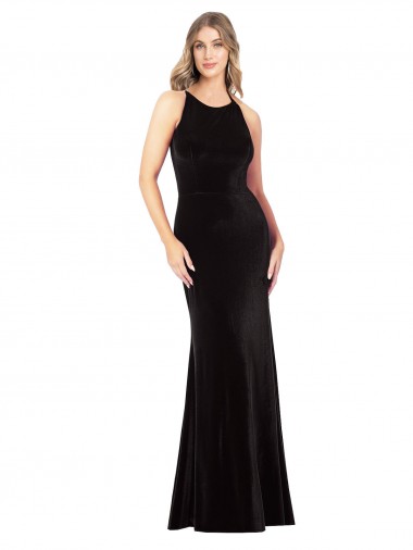 Acheter Noir Fourreau Bretelles spaghetti Col bijou Velours Stretch Longue Formelles Robes demoiselle d'honneur / Robes de soirée / Robes de bal