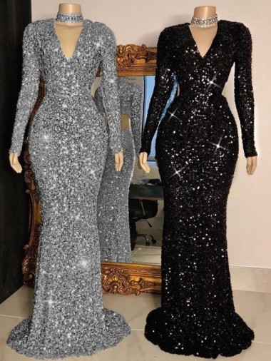 Acheter Noir Fourreau Col V Balayage train Paillettes Velours Longue Robes de bal