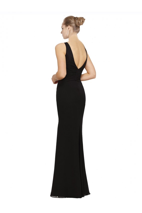 Acheter Noir Fourreau Col V Mousseline Longue Robes demoiselle d'honneur