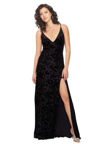 Acheter Noir Fourreau Col V Velours Floral Velours Stretch Longue Robes demoiselle d'honneur