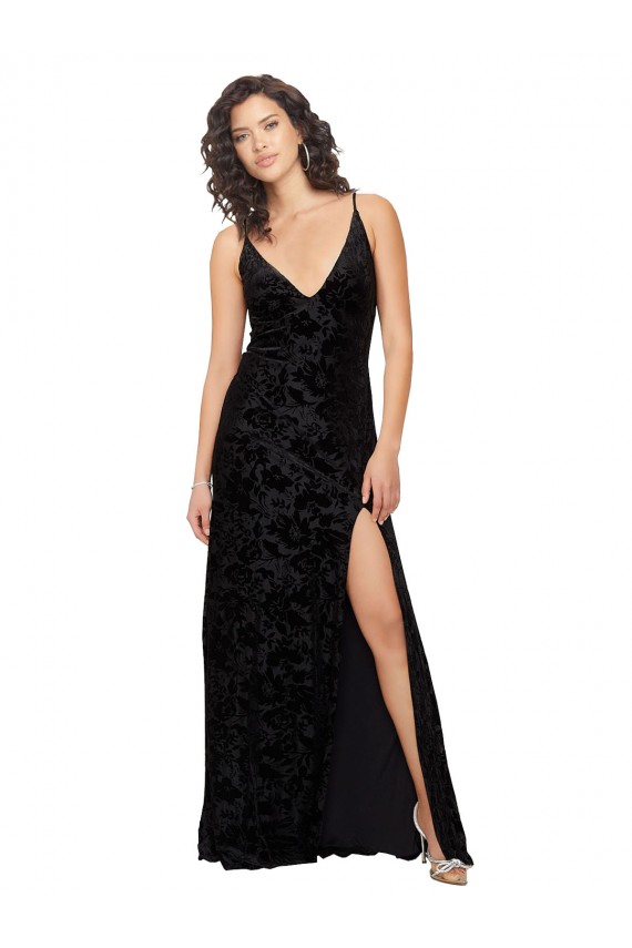 Acheter Noir Fourreau Col V Velours Floral Velours Stretch Longue Robes demoiselle d'honneur