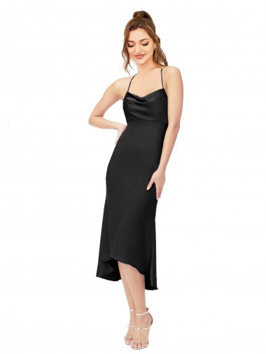 Acheter Noir Fourreau midi Satiné Soyeux Courte Asymétrique Robes demoiselle d'honneur / Robes de soirée / Robes de cocktail