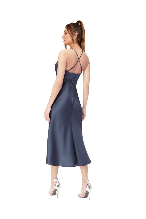 Acheter Noir Fourreau midi Satiné Soyeux Courte Asymétrique Robes demoiselle d'honneur / Robes de soirée / Robes de cocktail