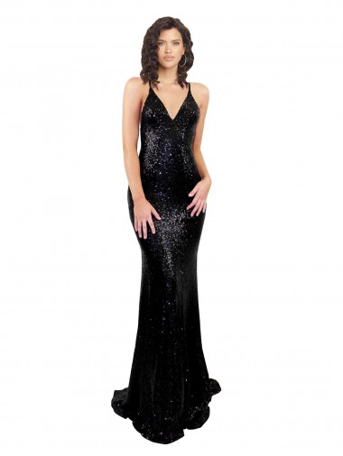 Acheter Noir Sirène Col V Paillette Longue Formelles Robes demoiselle d'honneur / Robes de soirée / Robes de bal