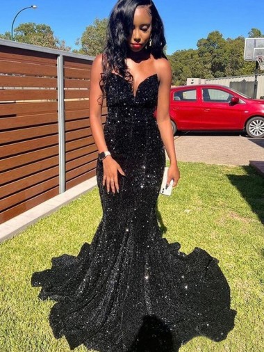 Acheter Noir Sirène Paillettes Velours Longue Robes de bal