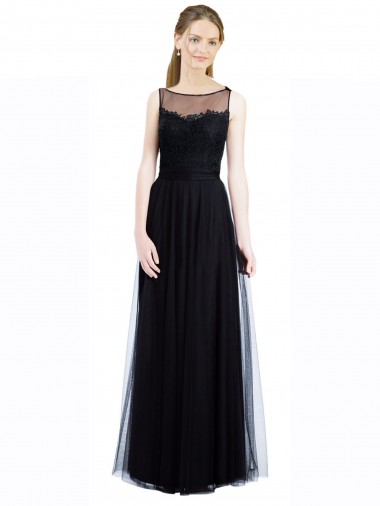 Acheter Noir Trapèze Bateau Illusion Tulle Dentelle Longue Robes demoiselle d'honneur