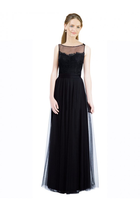 Acheter Noir Trapèze Bateau Illusion Tulle Dentelle Longue Robes demoiselle d'honneur