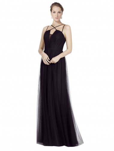 Acheter Noir Trapèze Bretelles spaghetti Col Haut Tulle Longue Robes demoiselle d'honneur