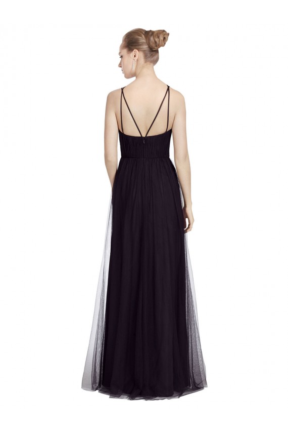Acheter Noir Trapèze Bretelles spaghetti Col Haut Tulle Longue Robes demoiselle d'honneur