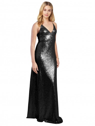 Acheter Noir Trapèze Bretelles spaghetti Col V Paillette Longue Formelles Robes demoiselle d'honneur / Robes de soirée / Robes de bal