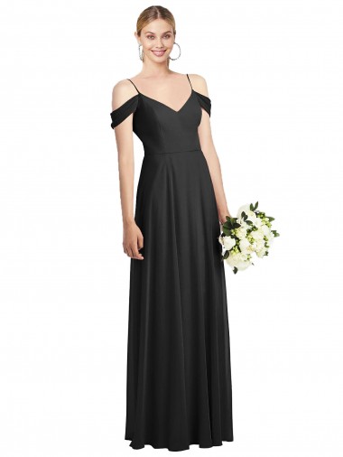 Acheter Noir Trapèze Bretelles spaghetti Mousseline Longue Robes demoiselle d'honneur