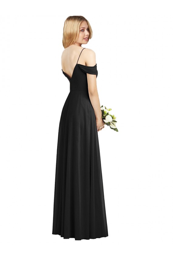 Acheter Noir Trapèze Bretelles spaghetti Mousseline Longue Robes demoiselle d'honneur