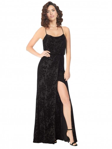 Acheter Noir Trapèze Bretelles spaghetti Velours Floral Velours Stretch Longue Robes demoiselle d'honneur