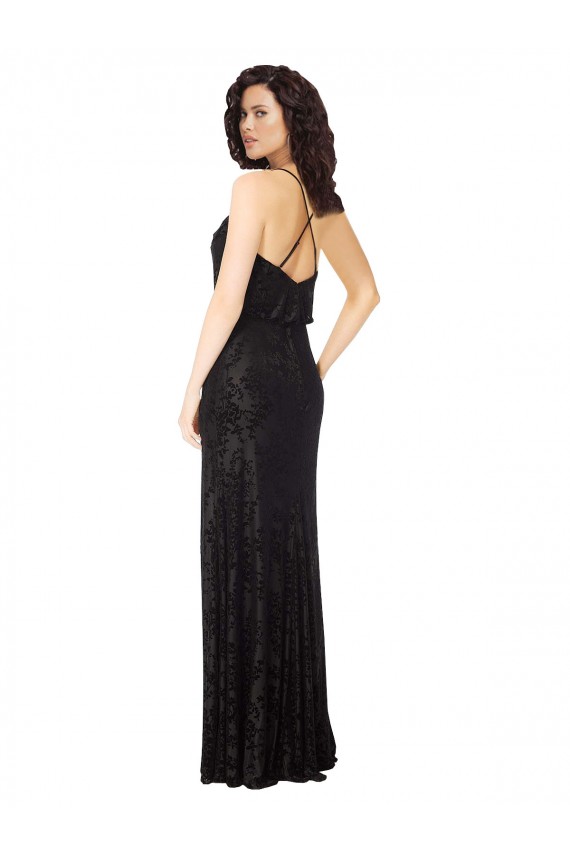 Acheter Noir Trapèze Bretelles spaghetti Velours Floral Velours Stretch Longue Robes demoiselle d'honneur