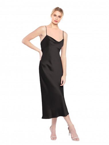 Acheter Noir Trapèze Bretelles spaghetti midi Satiné Stretch Courte Robes demoiselle d'honneur / Robes de soirée / Robes de cocktail