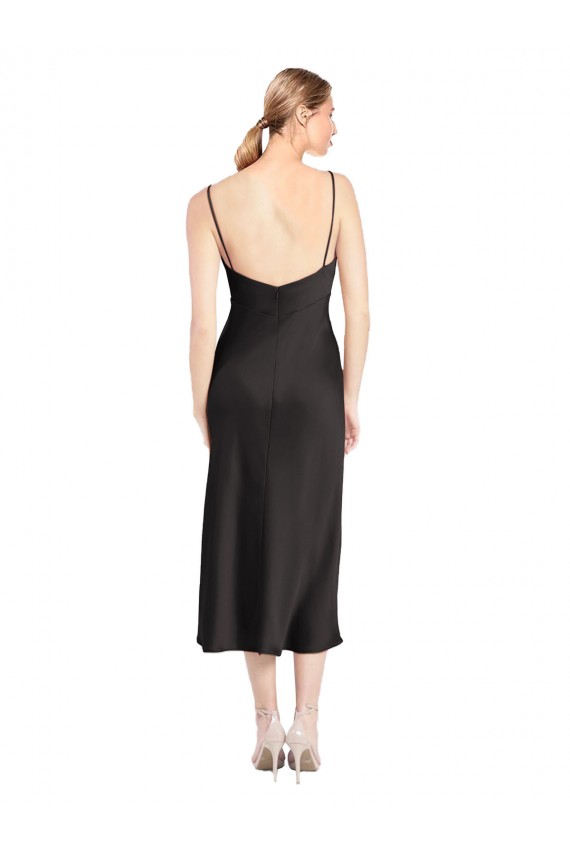 Acheter Noir Trapèze Bretelles spaghetti midi Satiné Stretch Courte Robes demoiselle d'honneur / Robes de soirée / Robes de cocktail