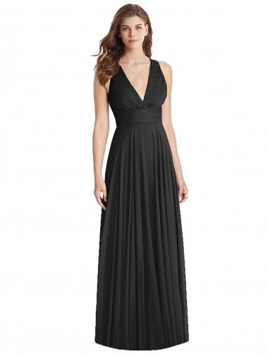Acheter Noir Trapèze Col V Mousseline Longue Robes demoiselle d'honneur