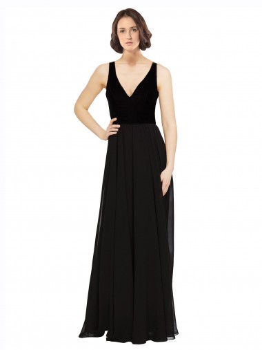 Acheter Noir Trapèze Col V Mousseline Velours Longue Robes demoiselle d'honneur / Robes de bal