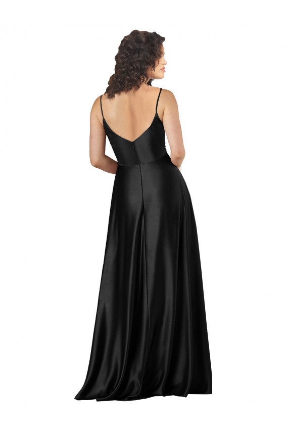 Acheter Noir Trapèze Col V Satiné Soyeux Longue Formelles Robes demoiselle d'honneur / Robes de soirée / Robes de bal