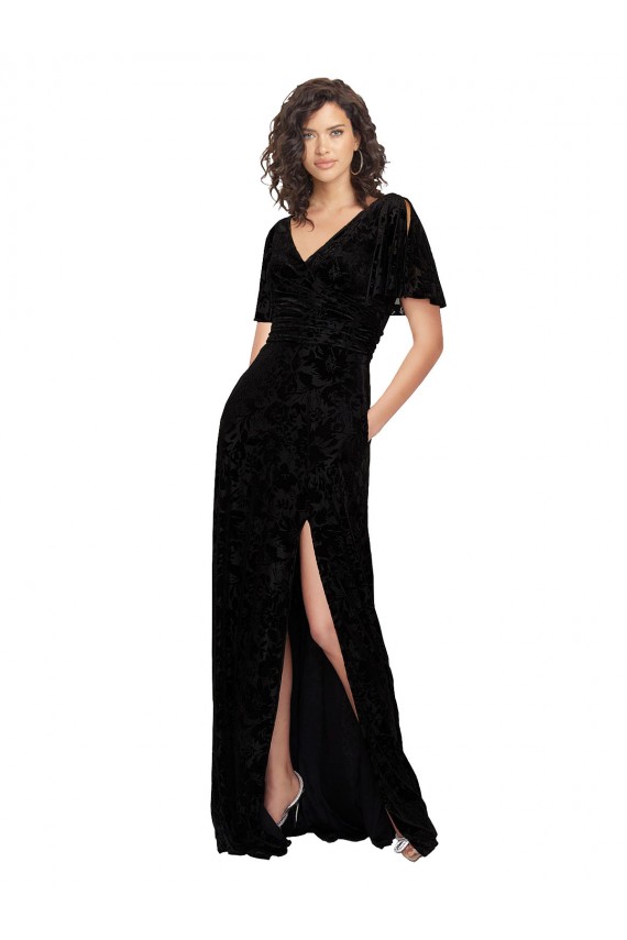 Acheter Noir Trapèze Col V Velours Floral Velours Stretch Longue Robes demoiselle d'honneur