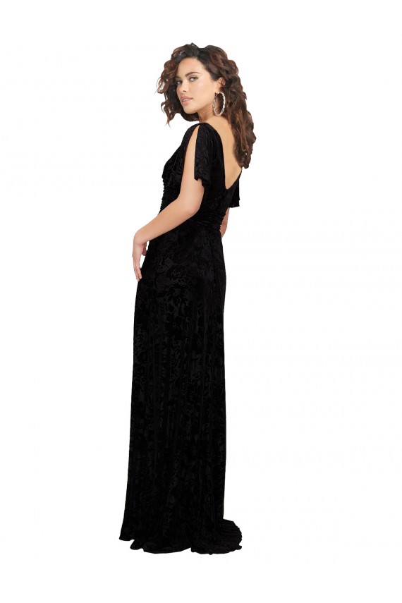 Acheter Noir Trapèze Col V Velours Floral Velours Stretch Longue Robes demoiselle d'honneur