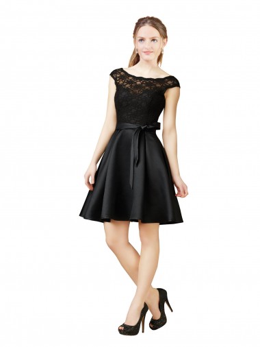 Acheter Noir Trapèze Illusion Satiné Dentelle Courte Robes demoiselle d'honneur / Robes de cocktail