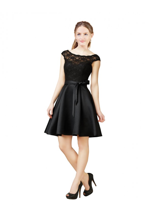 Acheter Noir Trapèze Illusion Satiné Dentelle Courte Robes demoiselle d'honneur / Robes de cocktail