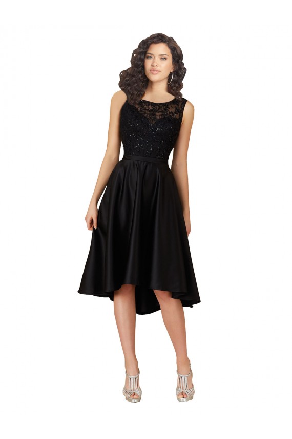 Acheter Noir Trapèze Illusion midi Satiné Dentelle Courte Asymétrique Robes demoiselle d'honneur / Robes de cocktail