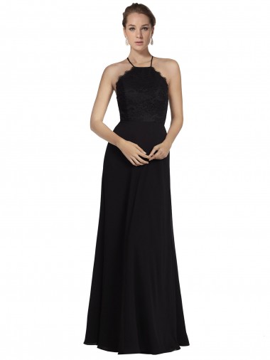 Acheter Noir Trapèze Licou Mousseline Dentelle Longue Robes demoiselle d'honneur