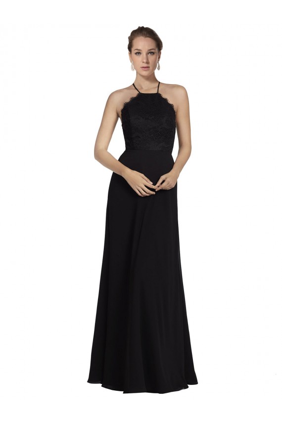 Acheter Noir Trapèze Licou Mousseline Dentelle Longue Robes demoiselle d'honneur