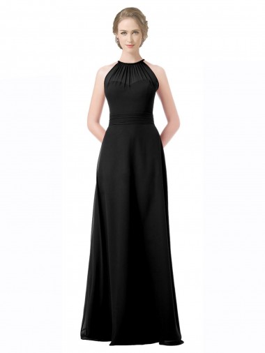 Acheter Noir Trapèze Licou Mousseline Longue Robes demoiselle d'honneur