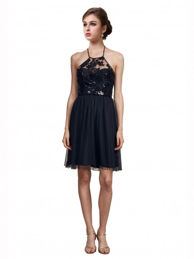 Acheter Noir Trapèze Licou Tulle Courte Robes demoiselle d'honneur