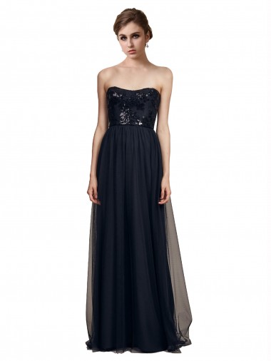 Acheter Noir Trapèze Sans bretelle Tulle Longue Robes demoiselle d'honneur