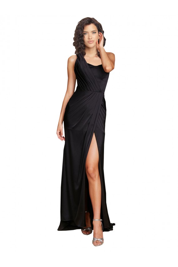 Acheter Noir Trapèze Satiné Soyeux Longue Formelles Robes demoiselle d'honneur / Robes de soirée / Robes de bal