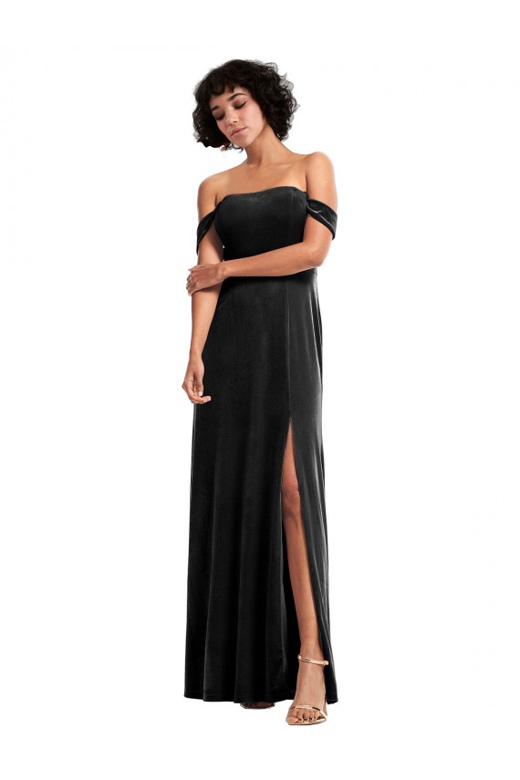Acheter Noir Trapèze Épaule Dénudée Sans bretelle Velours Stretch Longue Formelles Robes demoiselle d'honneur / Robes de soirée / Robes de bal