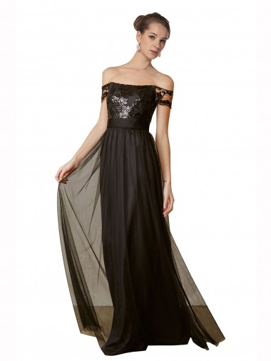 Acheter Noir Trapèze Épaule Dénudée Tulle Paillette Longue Robes demoiselle d'honneur