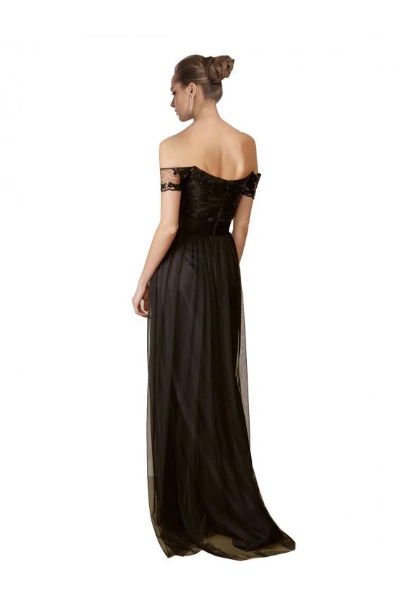 Acheter Noir Trapèze Épaule Dénudée Tulle Paillette Longue Robes demoiselle d'honneur