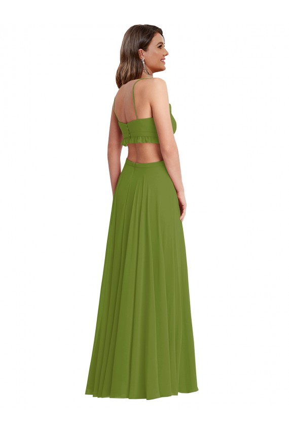 Acheter Olive verte Trapèze Col V Mousseline Longue Robes demoiselle d'honneur