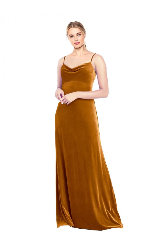 Acheter Or Trapèze Bretelles spaghetti Velours Stretch Longue Robes demoiselle d'honneur / Robes de bal