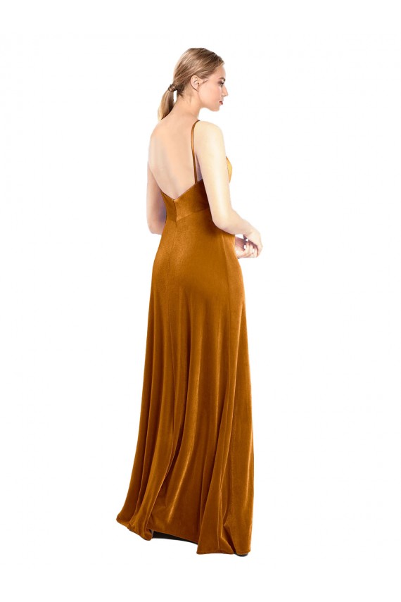 Acheter Or Trapèze Bretelles spaghetti Velours Stretch Longue Robes demoiselle d'honneur / Robes de bal