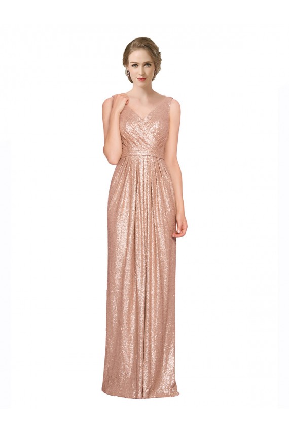 Acheter Or rose Fourreau Col V Paillette Longue Formelles Robes demoiselle d'honneur / Robes de soirée / Robes de bal