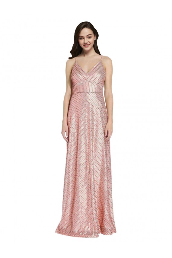 Acheter Or rose Fourreau Col V Paillette Longue Formelles Robes demoiselle d'honneur / Robes de soirée / Robes de bal