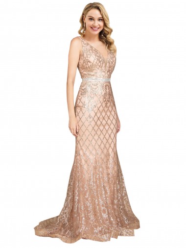Acheter Or rose Sirène Col V Paillette Paillettes Scintillantes Longue Formelles Robes demoiselle d'honneur / Robes de soirée / Robes de bal