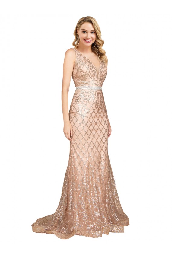 Acheter Or rose Sirène Col V Paillette Paillettes Scintillantes Longue Formelles Robes demoiselle d'honneur / Robes de soirée / Robes de bal