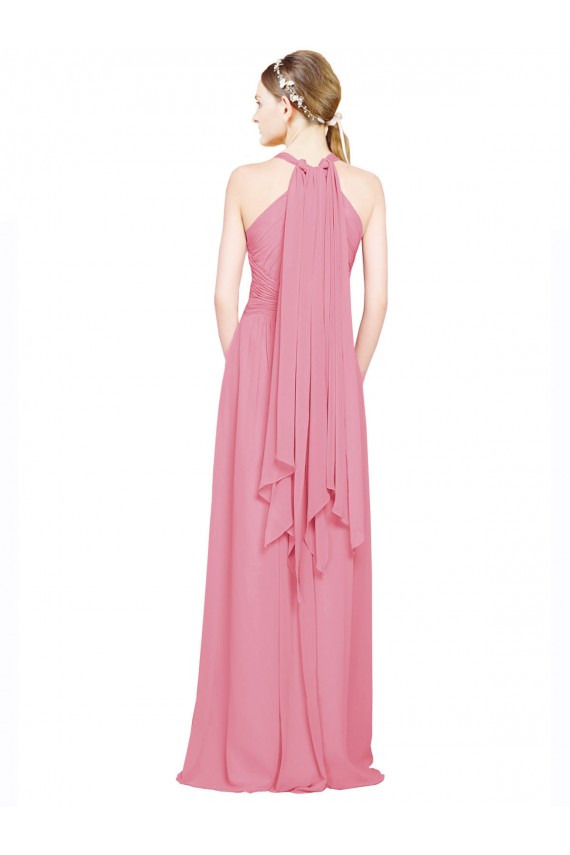 Acheter Peau Rose Trapèze Licou Col V Mousseline Longue Robes demoiselle d'honneur