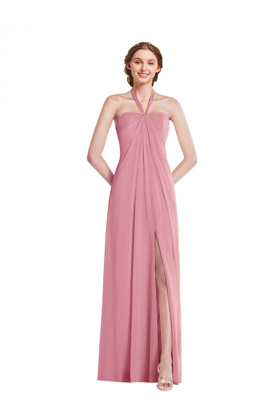 Acheter Peau Rose Trapèze Licou Mousseline Longue Robes demoiselle d'honneur